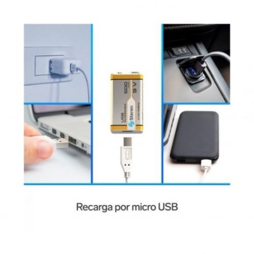 BATERÍA RECARGABLE USB LI-ION TIPO 9V (CUADRADA), DE 500 MAH STEREN  BAT-LI-9V-USB
